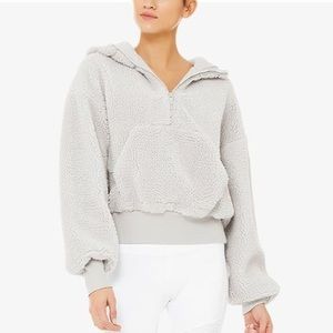 ALO YOGA Streetside Foxy Fleece Sherpa Half Zip Pullover Hoodie Dove Grey Small